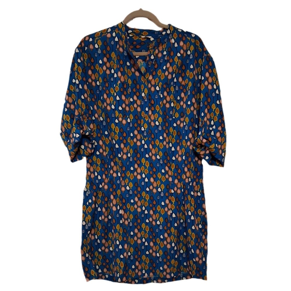Fossil Tree Leaf Print Shift Dress Women Medium Blue Yellow Brown Fall Colors